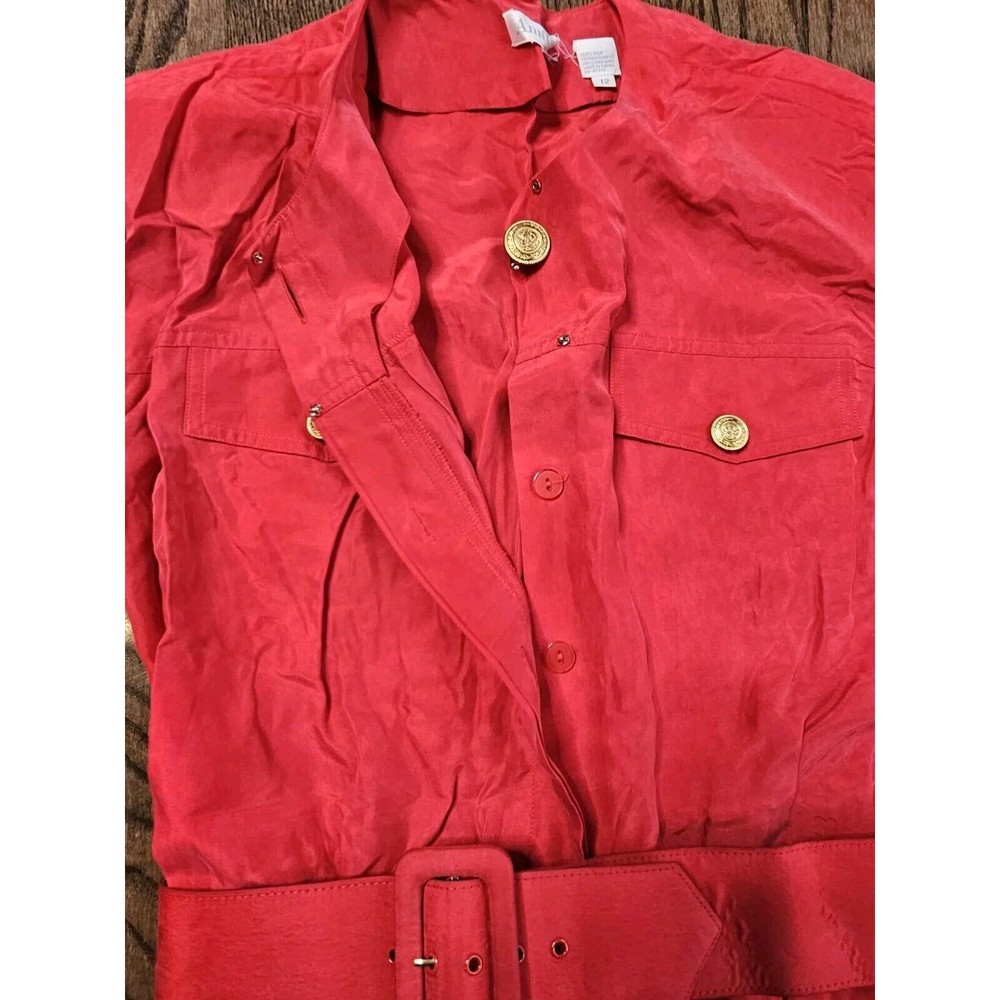 Vintage 80s 90s Ann Taylor Red 100% Silk Midi Dress Sz 10, Long Sleeve, Belted - Picture 5 of 13